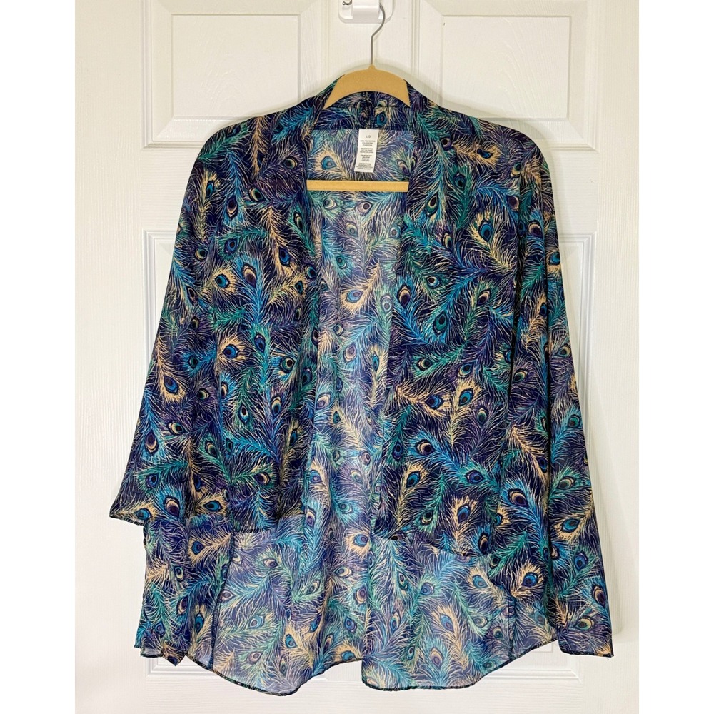 Kimono Cardigan Women Large Teal Peacock Feather Print Excellent Boho Festival